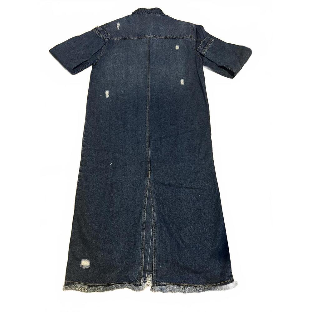 Long Denim Button-Up Trench\Dress with Distressed Details - Picture 3 of 4